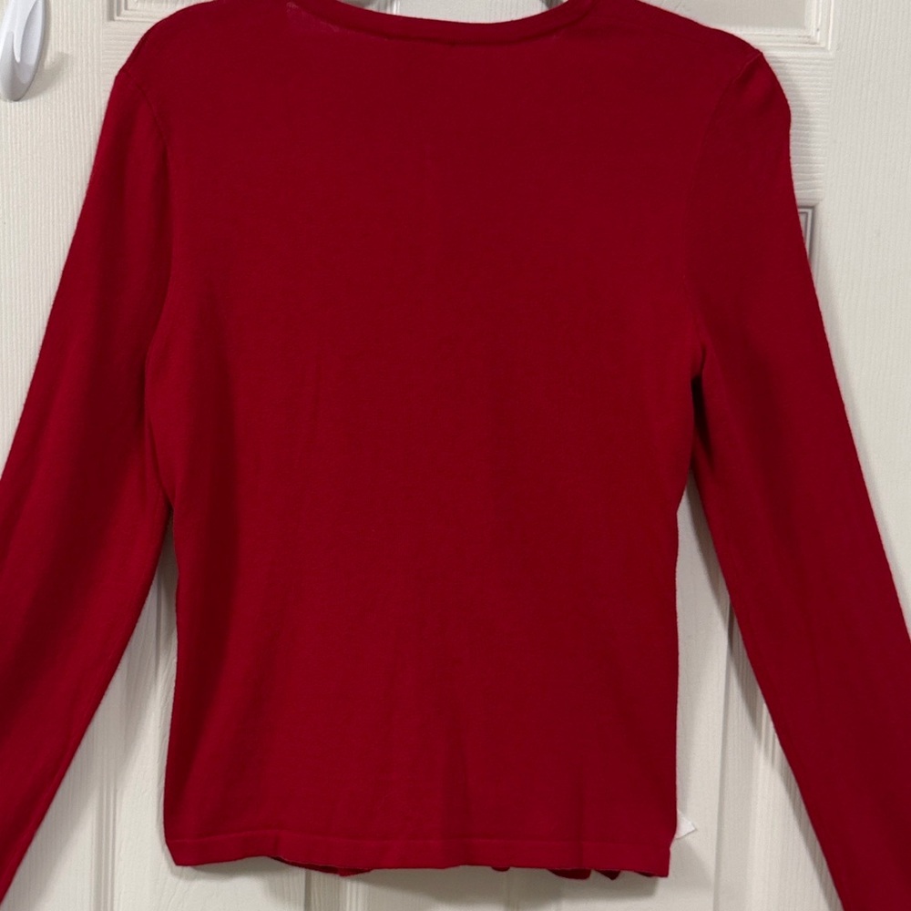 Ann Taylor Red Ruffled Button Down Sweater Holiday Cocktail Party Office - Picture 13 of 15